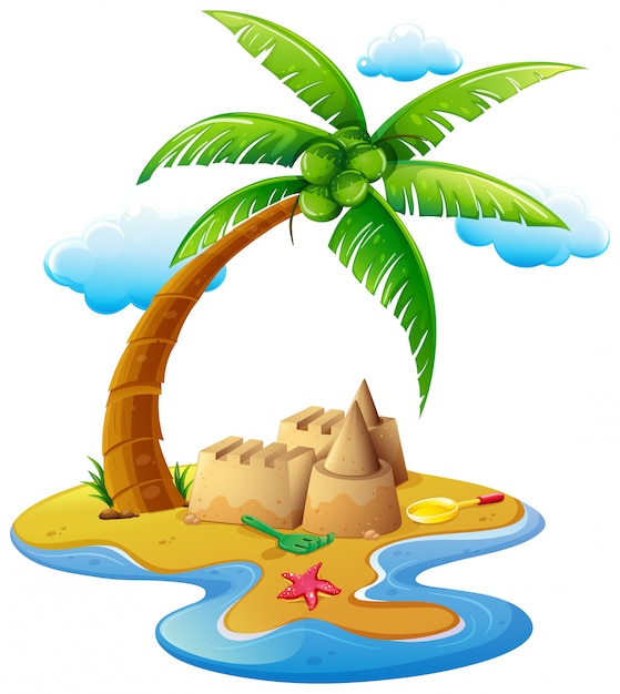 Free vector ocean scene with sandcastle on island