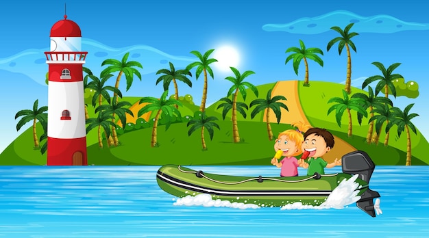 Ocean scenery with children on inflatable motor boat