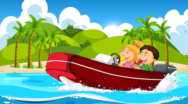 Free vector ocean scenery with children on motorboat