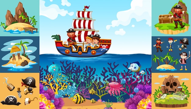 Океанские сцены с пиратом на корабле