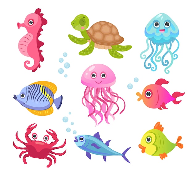 海や海の生き物のキャラクターイラストセット。かわいい面白い水中動物、魚、カニ、カメ、クラゲ、白で隔離の子供のためのタツノオトシゴ