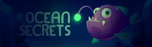 Ocean secrets cartoon banner, scary angler fish