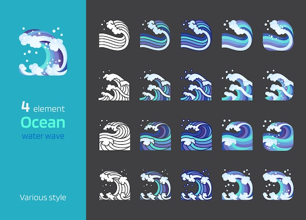 Ocean water wave sea graphic element various style illustration square composition