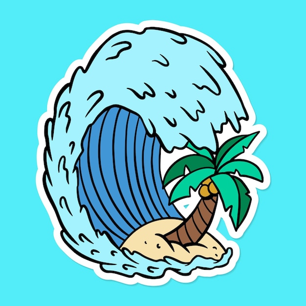 Free vector ocean waves with coconut tree sticker vector