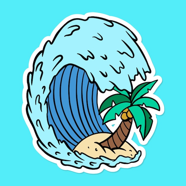 ココナッツの木のステッカーベクトルと海の波