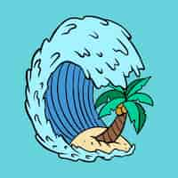 Free vector ocean waves with coconut tree sticker vector