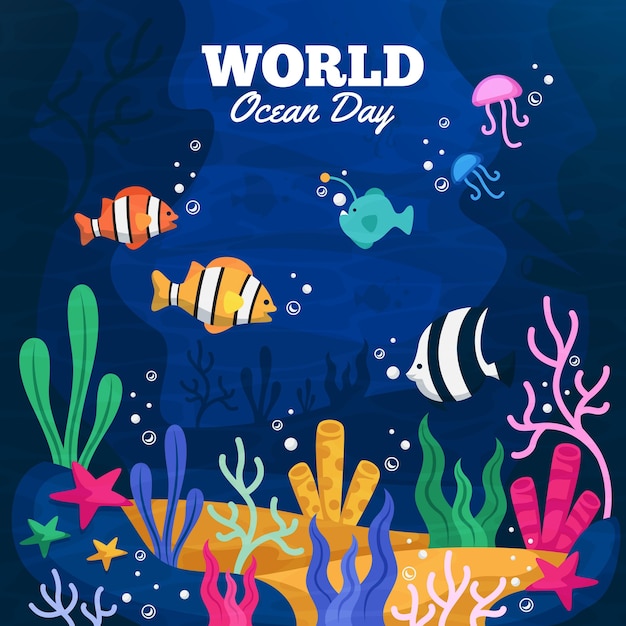 Free vector oceans day event with fishes