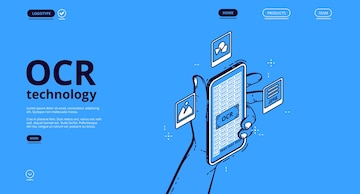 Free Vector | Ocr technology banner. optical character recognition service for scan and digitalisation information from paper document, image and handwritten text. vector landing page with isometric smartphone