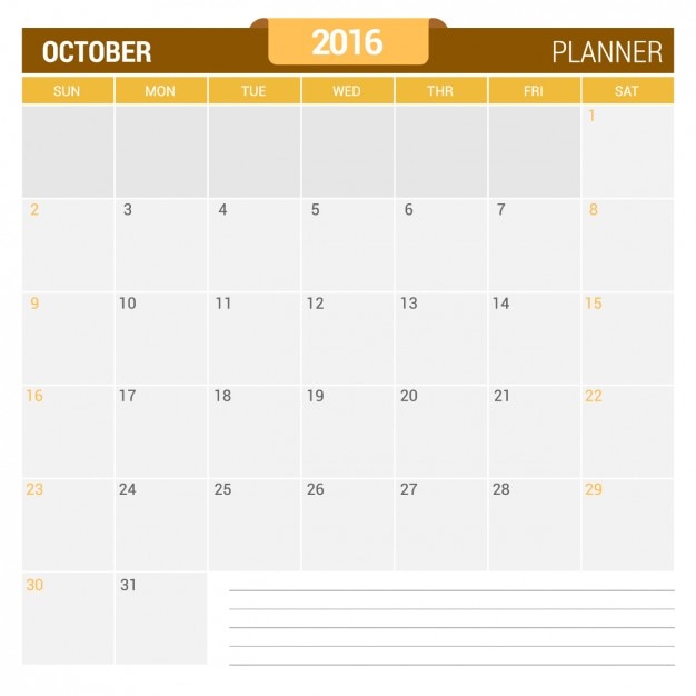 Бесплатное векторное изображение Октябрь календарь 2016