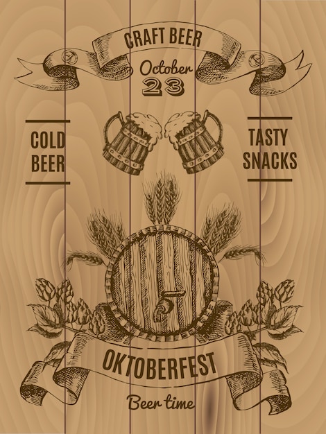 Free vector octoberfest vintage poster with beer barrel and mug hop and barley on wooden planks