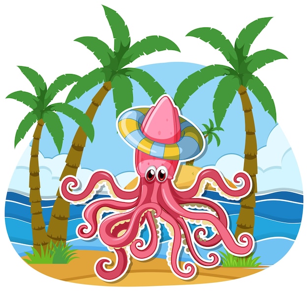 Free vector octopus cartoon character at the beach