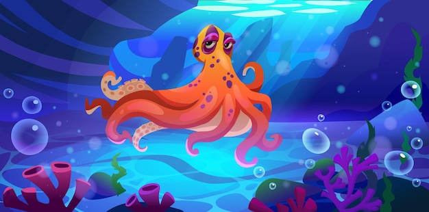 Free vector octopus cartoon character swimming underwater