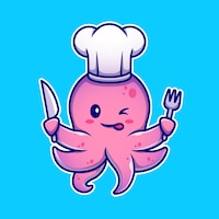 Octopus chef holding knife and fork cartoon character. animal food isolated.