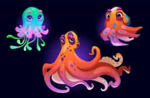 Free vector octopus and jellyfish cartoon characters set