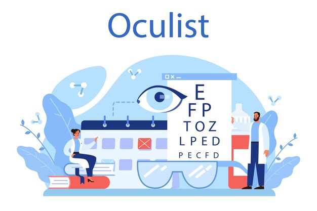 Oculist concept Idea of eye exam and treatment Eyesight diagnosis and laser correction Oculist in the uniform check vision Vector illustration in cartoon style