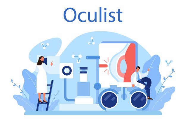 Oculist concept Idea of eye exam and treatment Eyesight diagnosis and laser correction Oculist in the uniform check vision Vector illustration in cartoon style