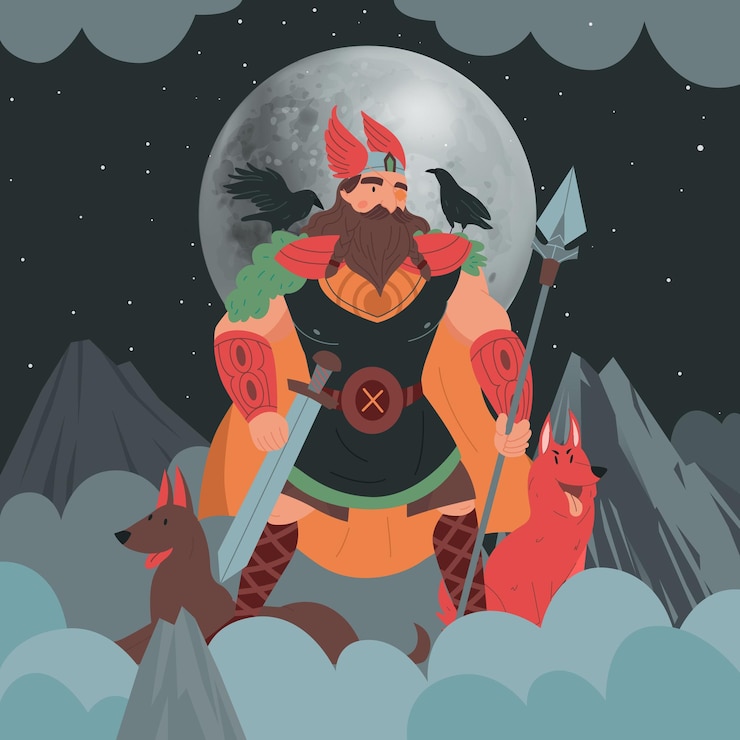 Free Vector odin supreme god in norse mythology god of war and victory flat cartoon vector illustration