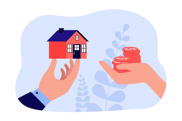 Предложение обменять дом на наличные деньги между агентом и пользователем. Человеческие руки держат долларовые монеты и домашнюю собственность плоские векторные иллюстрации. Ипотека недвижимости, аренда, концепция продажи квартиры