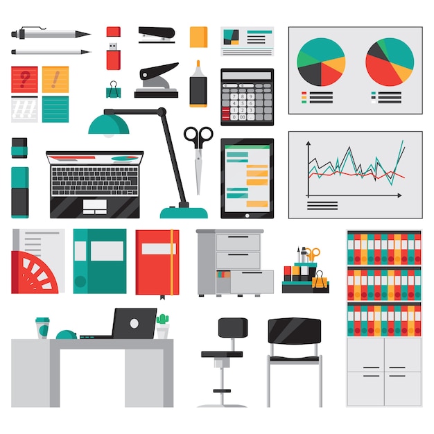 Бесплатное векторное изображение Офисные аксессуары и канцелярские плоские иконки набор изолированных