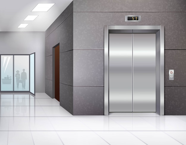 Office building hall with shining floor and metal chrome elevator door