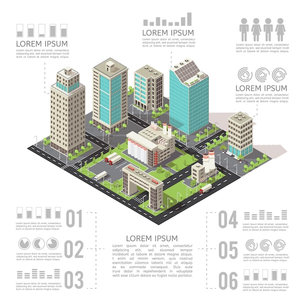 Infografica isometrica di edifici per uffici