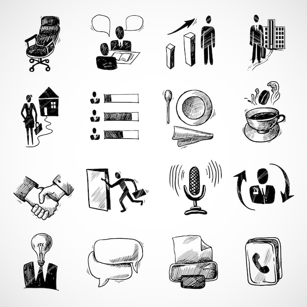 Free vector office business sketch icons set with tea cup handshake chart isolated vector illustration