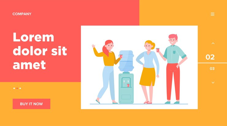Free Vector office cooler meeting. cartoon young colleagues drinking water near dispenser and talking. workplace and coffee break concept