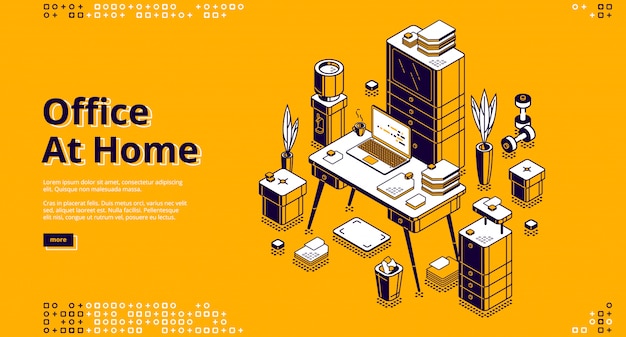 Office at home, workplace isometric banner