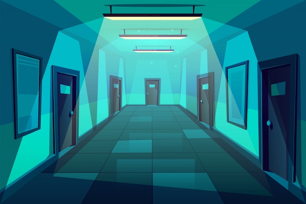 Free vector office, hotel or condominium empty corridor or hall at night time cartoon