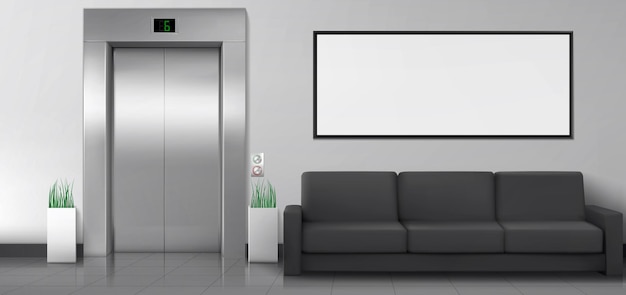 Office or hotel lobby with elevator sofa and white poster on wall