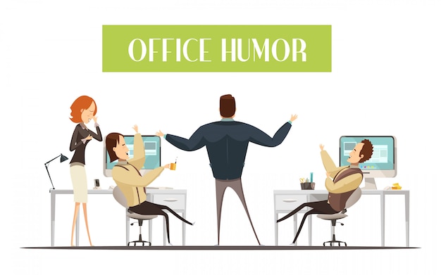 Design di umorismo ufficio in stile cartone animato con ridere gli uomini e la donna