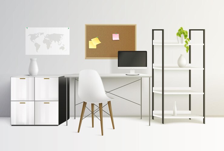 Free Vector office interior colored and realistic composition room fully equipped in the office illustration