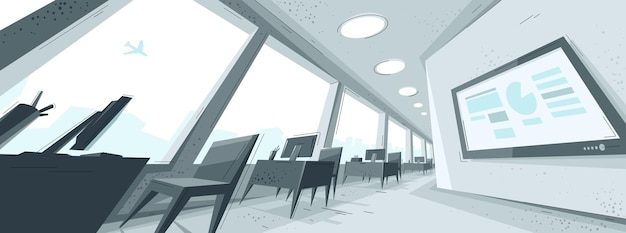 Office interior in distorted perspective vector illustration, modern workplace inner space.