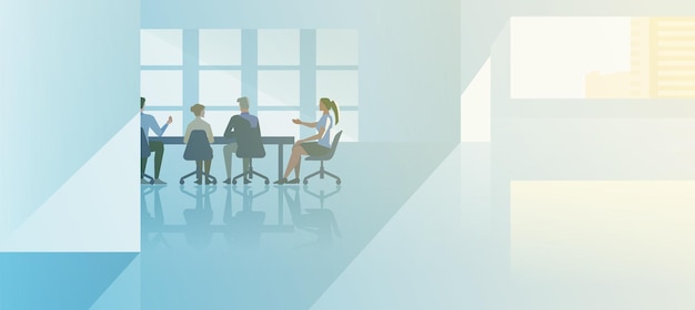 Free vector office interior open-space flat design vector illustration. business people talking in modern meeting room businessmen and businesswomen sitting in conference hall