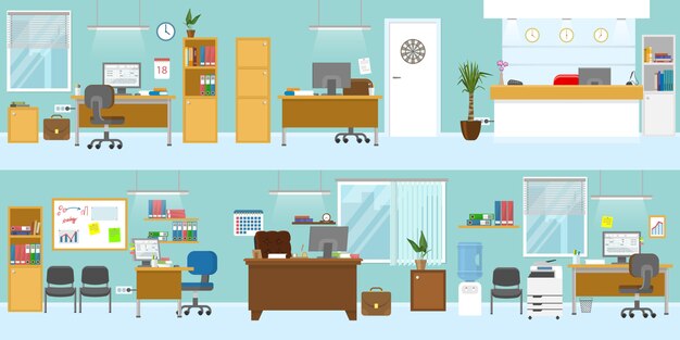 Office interiors template with wooden furniture reception workplace for boss ceiling light blue walls isolated vector illustration