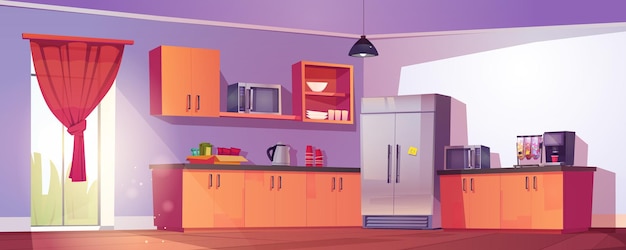 Office kitchen interior large bright flooded with sunlight room with wooden furniture refrigerator two microwaves coffee machine and kettle kitchenware for employees to have break and lunch