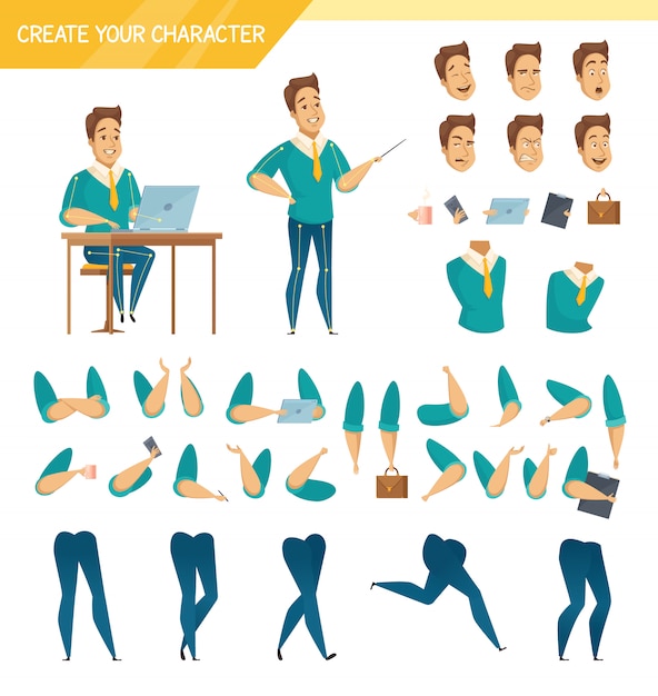 Free vector office male worker character creator constructor elements collection with hands legs heads and accessories isolated