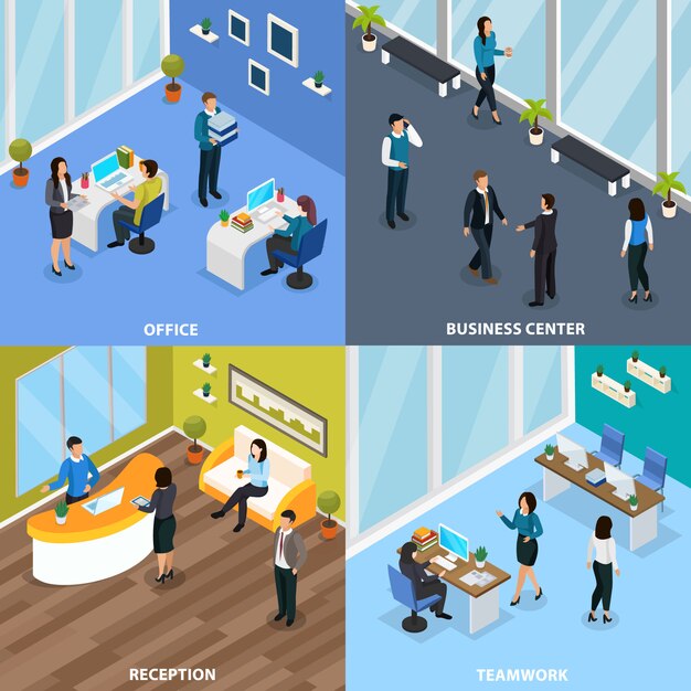 Office people in business center during team work and at reception isometric concept isolated