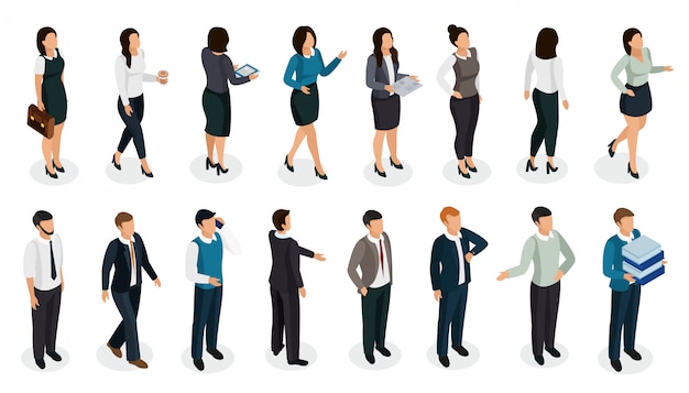 Free vector office people in business clothing in various posture with accessories isometric set isolated