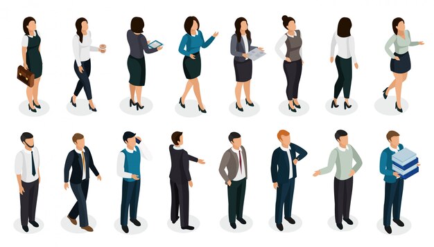 Office people in business clothing in various posture with accessories isometric set isolated