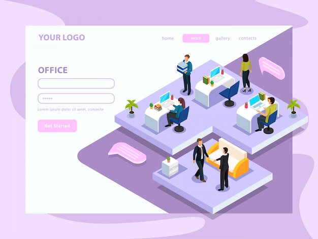 무료 벡터 라일락 화이트에 인터페이스 요소와 작업 아이소 메트릭 웹 페이지 중 사무실 사람들
