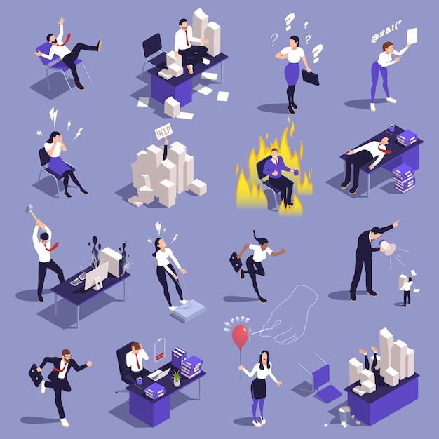 Free vector office people isometric icons set with businessmen dealing with stress isolated vector illustration