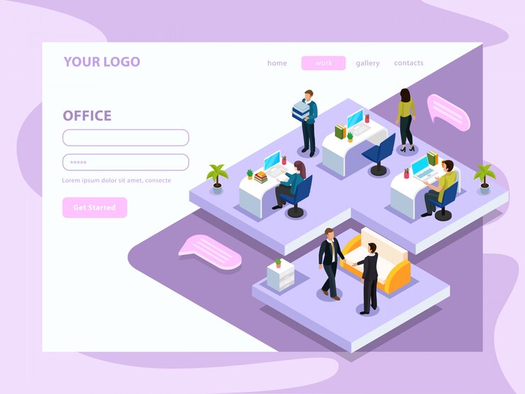 Free Vector office people during work isometric web page with interface elements on lilac white