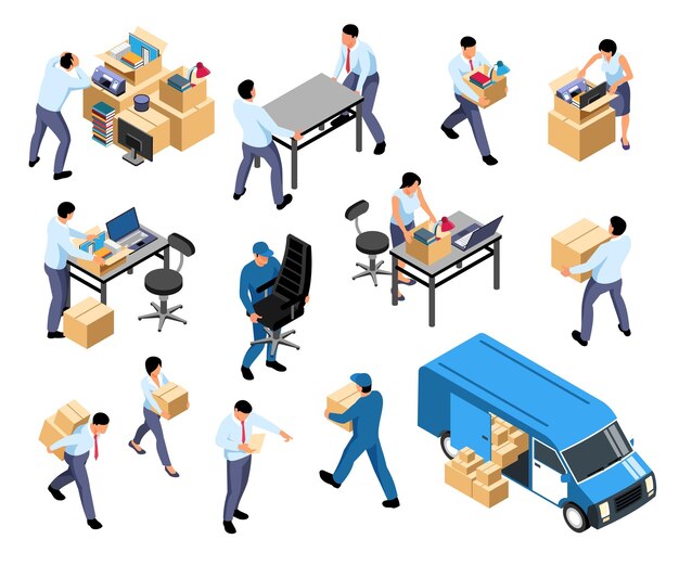 Изометрический набор офисного переезда с мебельным оборудованием движущейся компании, упаковкой документов, загрузкой коробок в векторную иллюстрацию фургона
