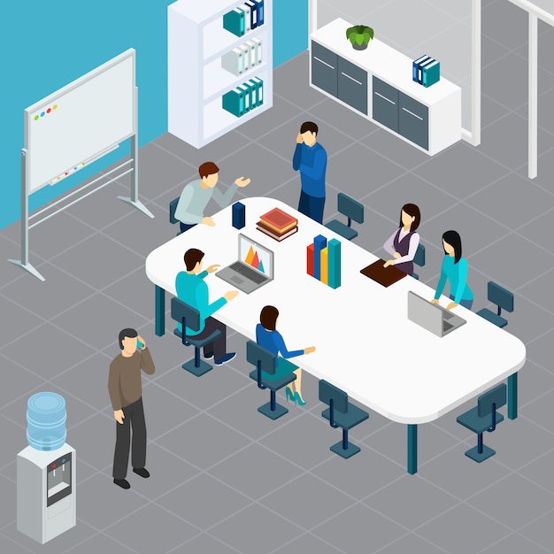 Free vector office staff during work meeting at big table in conference room isometric composition vector illustration