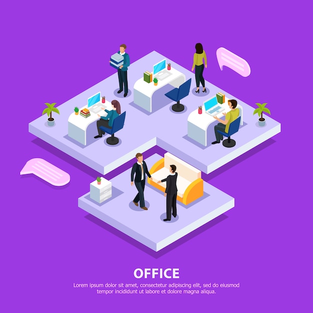 Office staff at work places and during business meeting isometric composition on purple