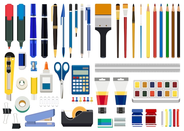 Free vector office stationery and art tools isolated on white background