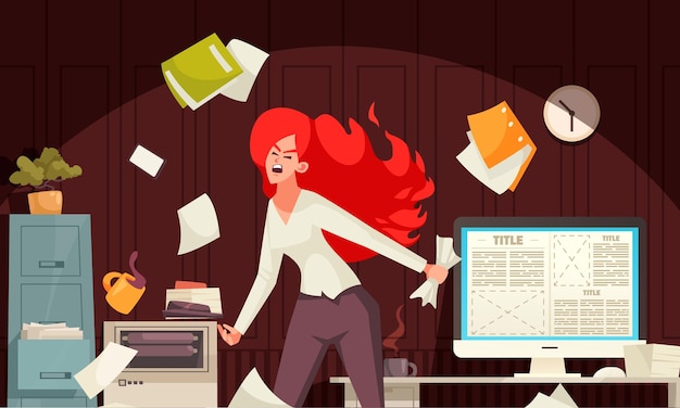 Free vector office stress cartoon concept with young woman screaming vector illustration