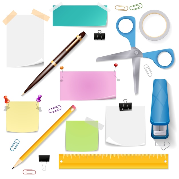 Free vector office supplies set. scissors paper and stationery tool, pencil and pen
