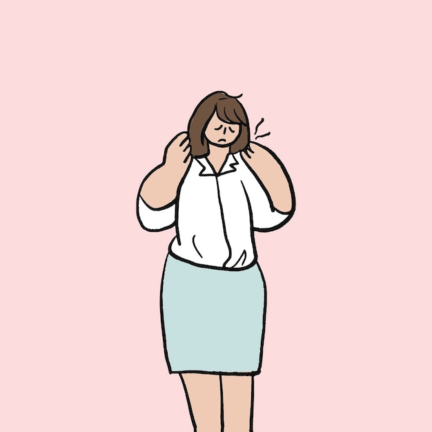 Office syndrome doodle vector, neck pain hand drawn character